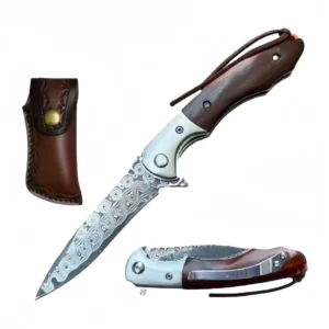 4" Damascus Lock Knife with Wood Scale