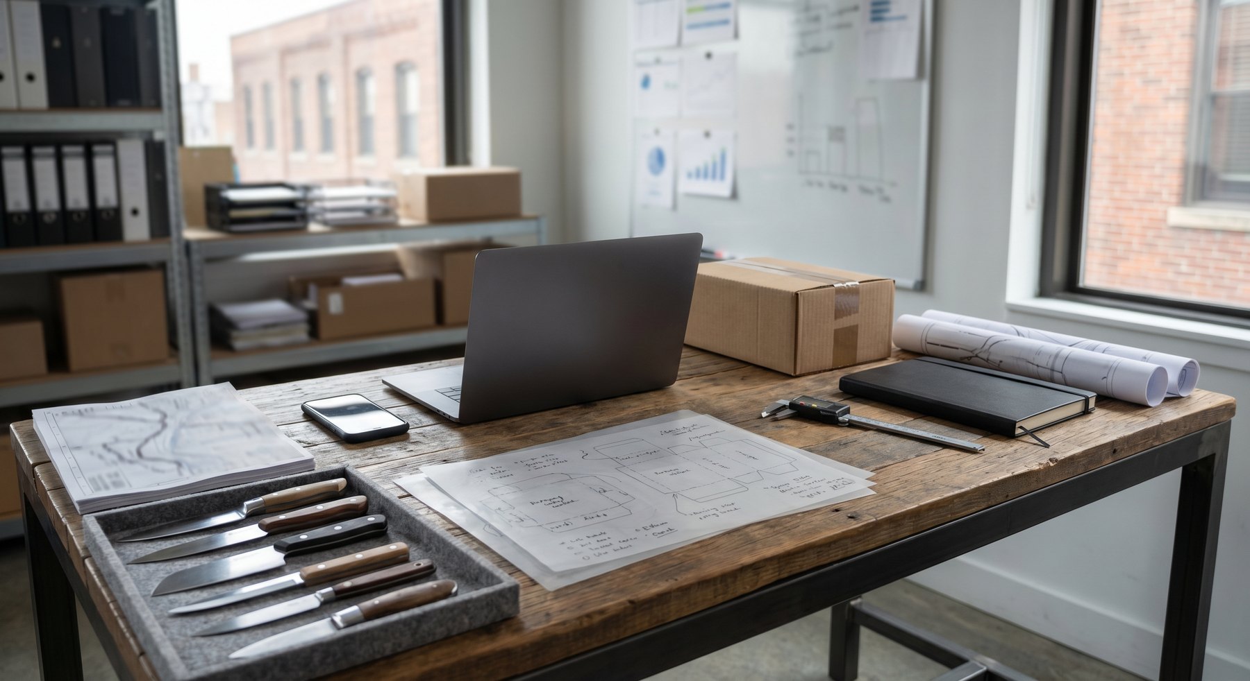Wholesale knife sourcing coordination desk with samples packaging plans and project tools