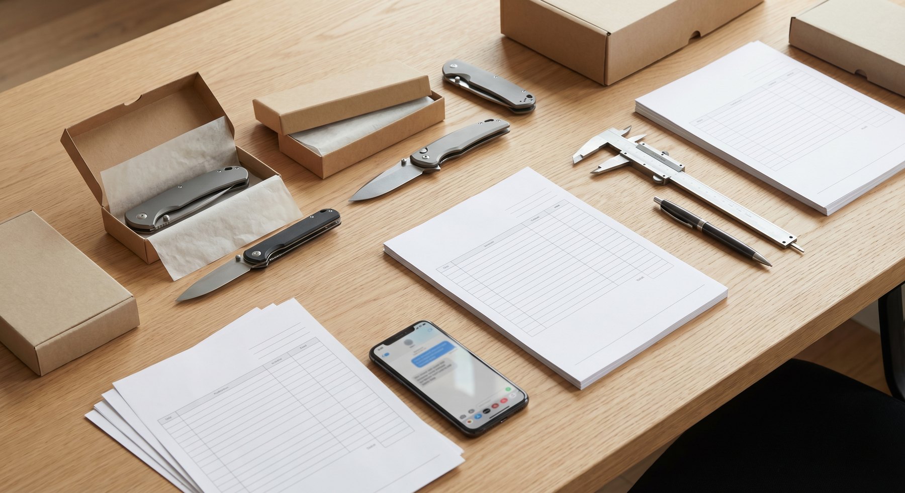Wholesale inquiry desk with sample boxes quotation sheets and knife samples