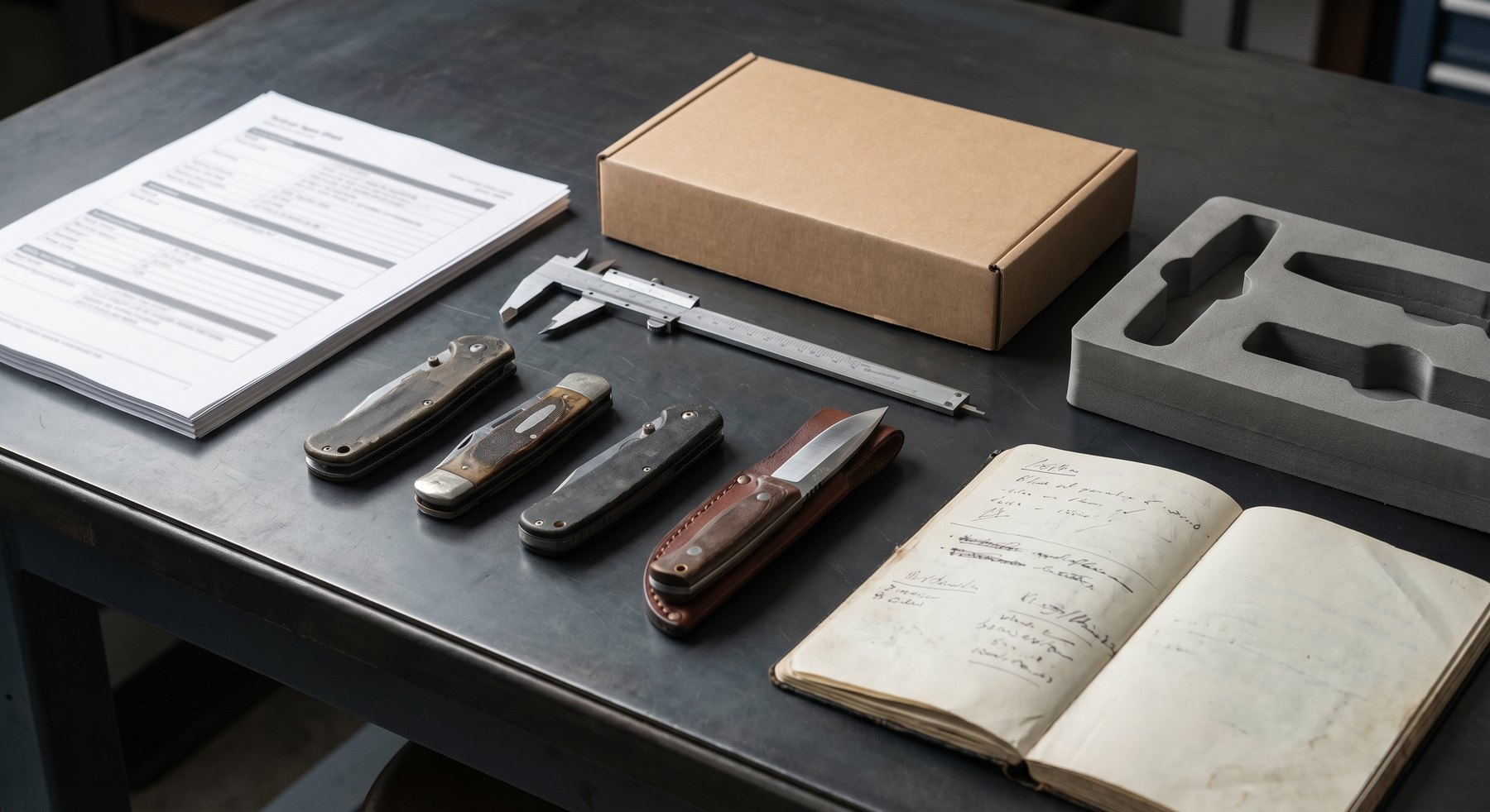 Wholesale pocket knives sample review desk with packaging and measurement tools