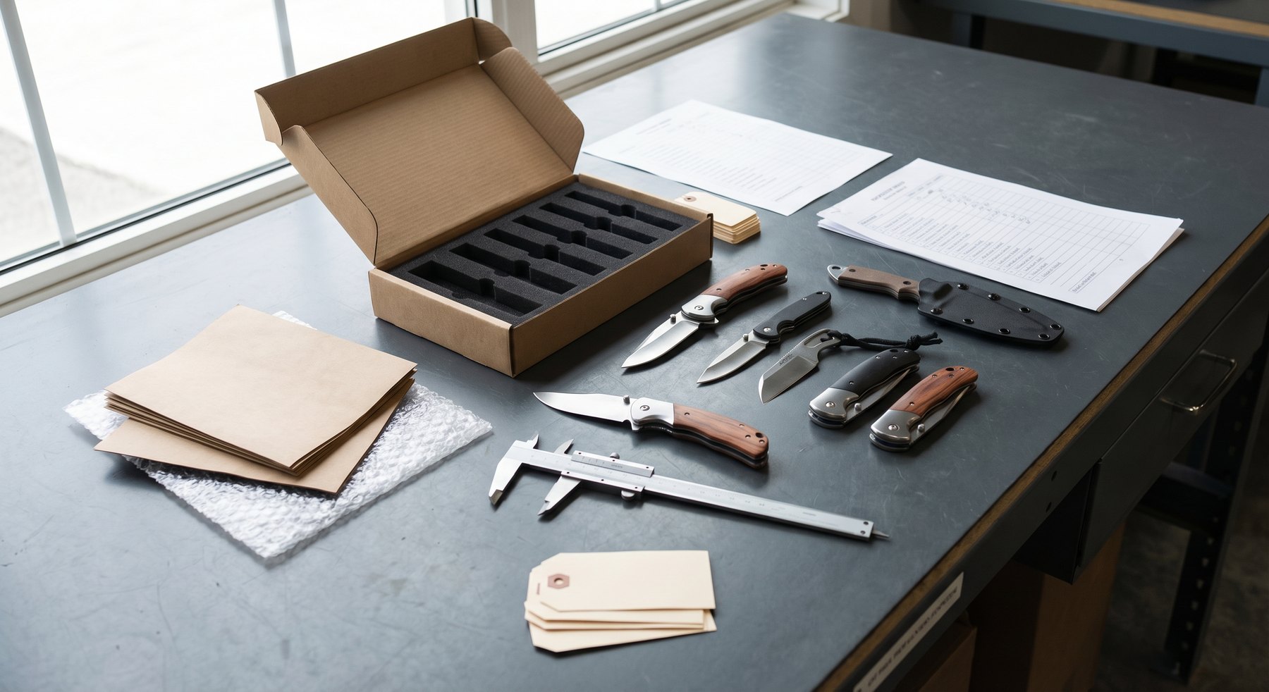 Wholesale knife packaging workflow desk with sample box and approval materials