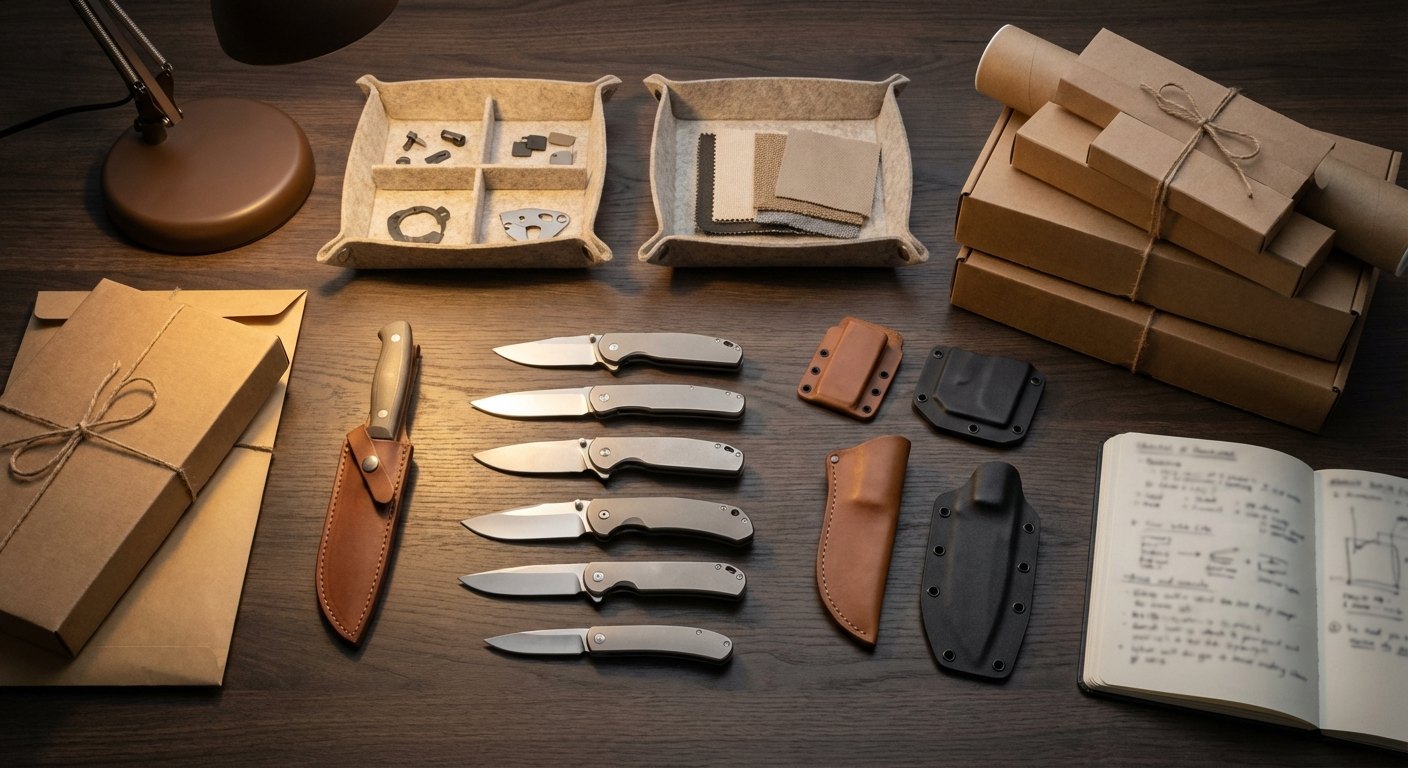 Wholesale pocket knives catalog review desk with sample lineup packaging and sheaths
