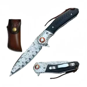 4" Damascus Lock Knife with Black Wood Handle