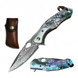 4.5" Damascus Lock Knife with Abalone Handle