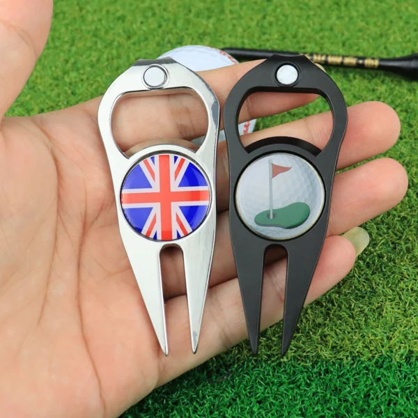 In stock multifunctional golf forks, bottle openers, golf supplies accessories, metal grass forks, lawn repair tools