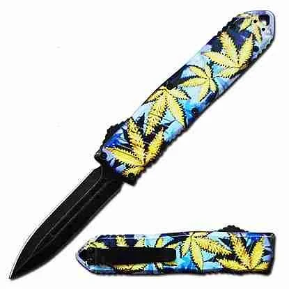 5.25 INCH Yellow Cannabis Leaf OTF Knife-TKBUH-YL