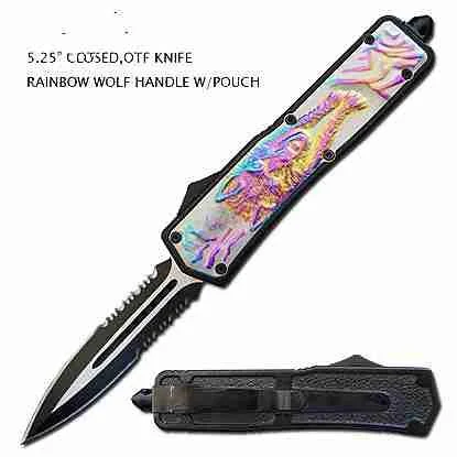 Color Engraved Wolf Double Edge OTF Knife