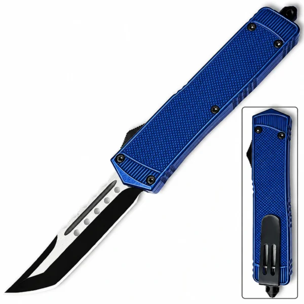 Cobalt Blue Crosshatch Tanto OTF Automatic Knife