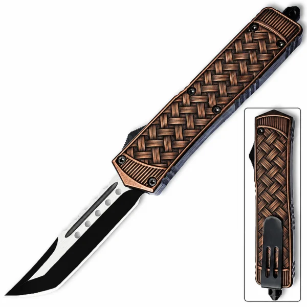 Burnished Copper Geometric Weave Tanto OTF Knife