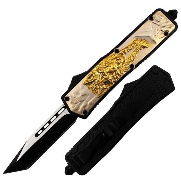 5.5 inch Wolf Handle Gold Two Toned Tanto OTF knife-TK96W-VR